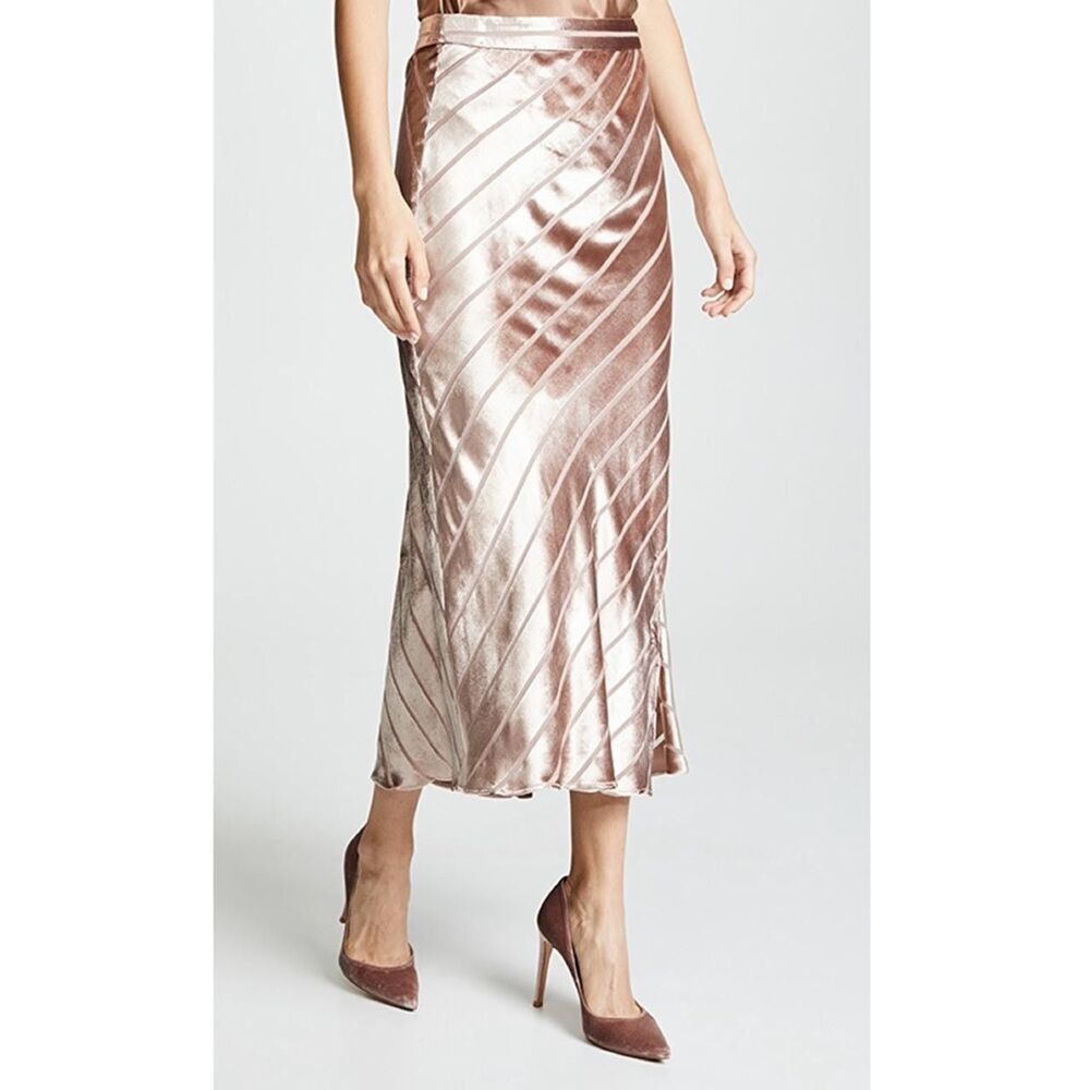 Michelle Mason Silk Midi Skirt Blush Pink Striped Velvet Diagonal Bias Cut Sz 0